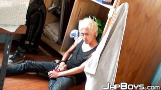 Blond Japanese twink toys with hole and strokes his dick