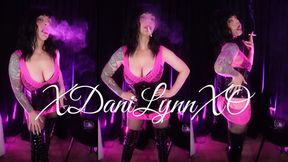 Smoking in Pink Fishnet Dress and PVC Boots