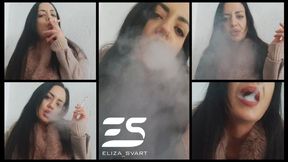 Cloudy morning outdoor smoke in a fur coat