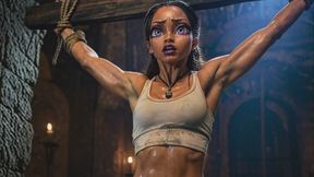 sexy dark haired muscled cute fit slave anime babe is chained and suspended in bdsm bondage watch her sweat and struggle