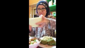 Vegan GF eats burgers while exposing herself outdoors