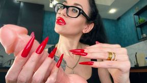 Long Nails RED, long fingers, red lips and handjobs with spit