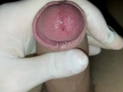 Quick handjob with latex gloves