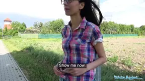 Public Sex Cash convinces slim beauty to bounce her pussy