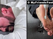 Tattooed hunk Joey cannot escape getting his size 12 feet tickled