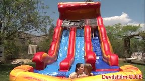 Lesbians strapon fucking outdoors in group