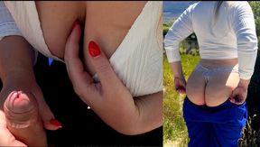 Public and risky, sloppy handjob on a bench during hiking