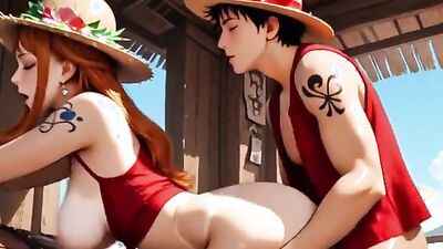 Big-titted Nami gets double-teamed by Luffy & Zoro in wild beach threesome