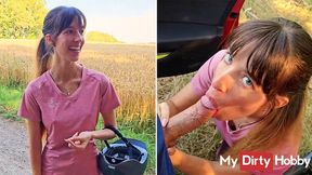 German hottie sucks rod outdoors in nature