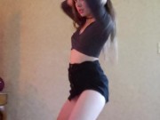 Strip to nude/dance. Skirt & crop top.