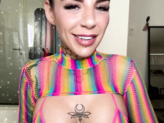 Inked Voluptuous with Buns Teases in Shiny Rainbow Mesh Top