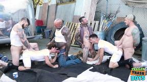 ”TRAILERTRASHBOYS Eddie Patrick & Greyson Myles Spitroasted On Gay Group Sex”