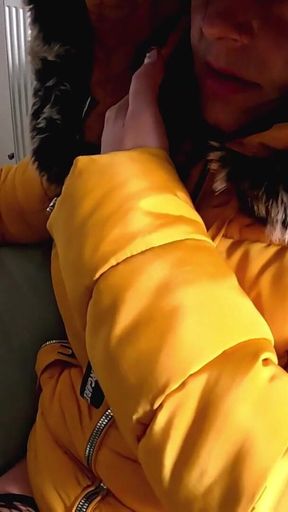Smoking Phone Call Downjacket. Noisy Hooded Blowjob and Cum on My Coat