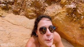 swallowing pee on the public beach and face fucked!! in the end she cums on my face,cum eat!!!