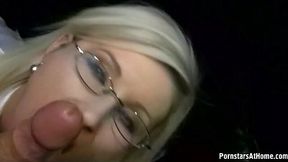 Four eyed blondie gives head to her man in mall's restroom