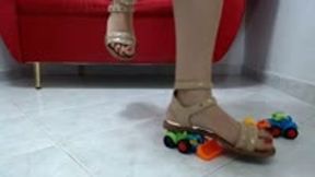 crushing 2 toycars in Barefeet, Sandals and Platform-Heels