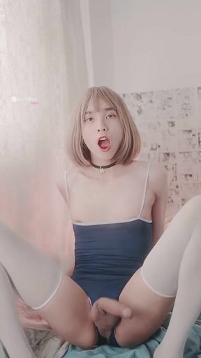 Asian Femboy Cums in Swimsuit