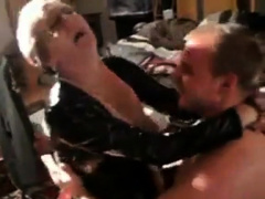 wife in latex gets fucked, cuckold hubby licks sperm