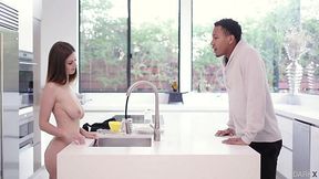 Stella Cox seducing a black guy washing dishes naked and gets fucked