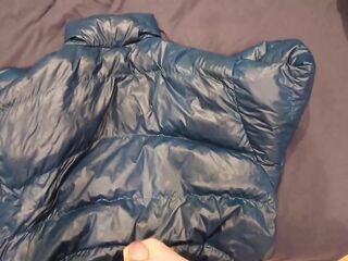 Jerking off and Cumming on my Shiny Blue Puffer Jacket