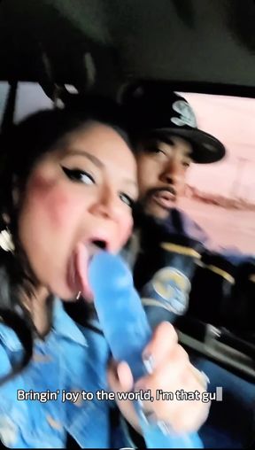 Cruising around deepthroating a giant dildo in public like Whoa!