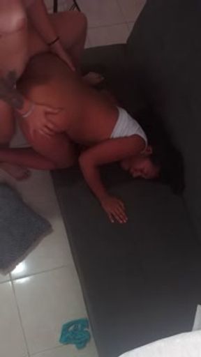 My girlfriend asks me to fuck her in the living room with a strap-on