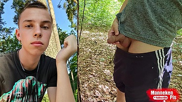 Pissed on the tree. Naked walk in the woods
