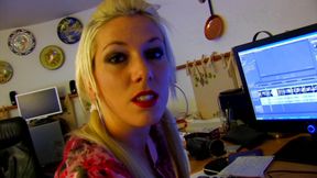 Blonde slut in a blue costume fucked in her pussy