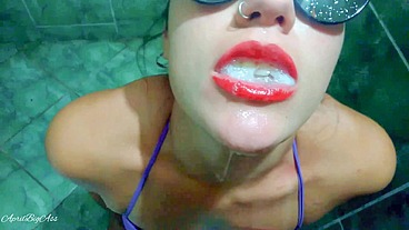 toilet public , public pool drinking pee , swallow piss , cum face slut and happy