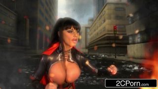 MILF Supergirl Cosplayerin mit riesigen Titten gibt langen Blowjob und schluckt Sperma