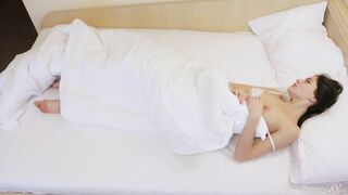 Psst! Sexy Coed Rebecca Is Masturbating Under the Blanket!