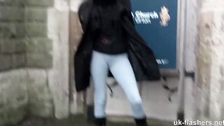 British women goes around town pee and flashing everybody