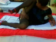 Slutty shemale in brown pantyhose red heels with long dildo solo fuck