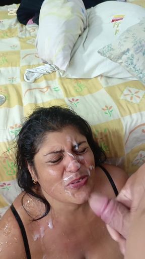 Indian Stepmother Ends up with Her Face Covered in Milk and Piss in Her Mouth After a Strong Blowjob