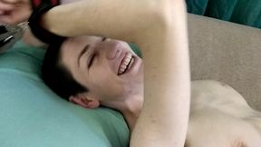 hairy baby cuffed, tickled & spanked, then pisses, fucks and sucks to facial