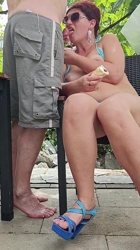 A Beautiful Azerbaijani Woman in a Bikini Licked Ice Cream and Got Cum on Her Face.