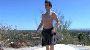 Handsome yoga enthusiast Jesse Jordan tugs his long cock