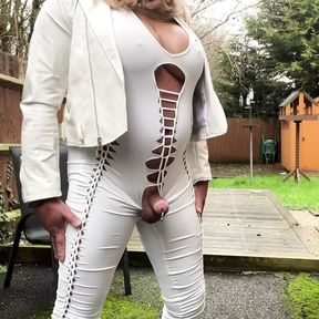 Amateur crossdresser Kellycd2022 sexy milf masturbating outdoors in white jumpsuit