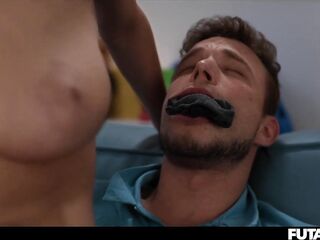 Busty FUTA chick mouth fuck a guy with huge cumshot