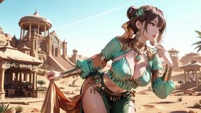 Green Gold Queen Coronation! Lazy side-lying in the desert palace, fingers teasing hair and veil, sun-kissed skin glistening.