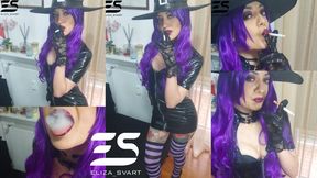 Smoking witch in a pvc dress and lace gloves