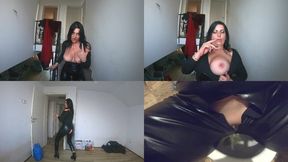Smoking Leather Dance. Ripped Jumpsuit Pussy Tease, Toilet Pee and Dirty Masturbation