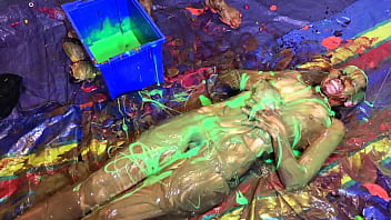 VERY Naughty Sexy Girl, playing with Custard Pies and Messy Slime