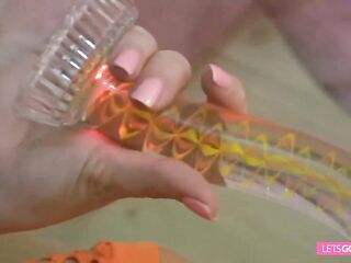Brunette with sex-toy is pleasant her snatch, all in fishnets