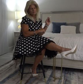 Lisa smoking VS120s in polka dot dress