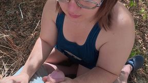 Outdoor Village Blowjob - Glasses Girl Lets the Load Run From Her Mouth