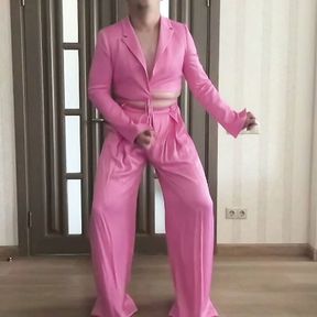 Sissy cuckold trap in satin wide leg palazzo trousers pants, satin silk jacket and high heels dancing, masturbating