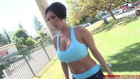 Sporty brunette yoga MILF with perfect tits pick up