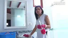 Latina cleaning lady in rubber gloves seductively teases you in the shower.