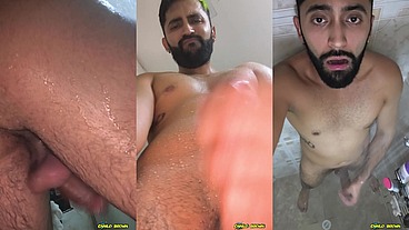 Camilo Brown Jerking His Big Uncut Cock in the Shower and Eating His Own Cum
